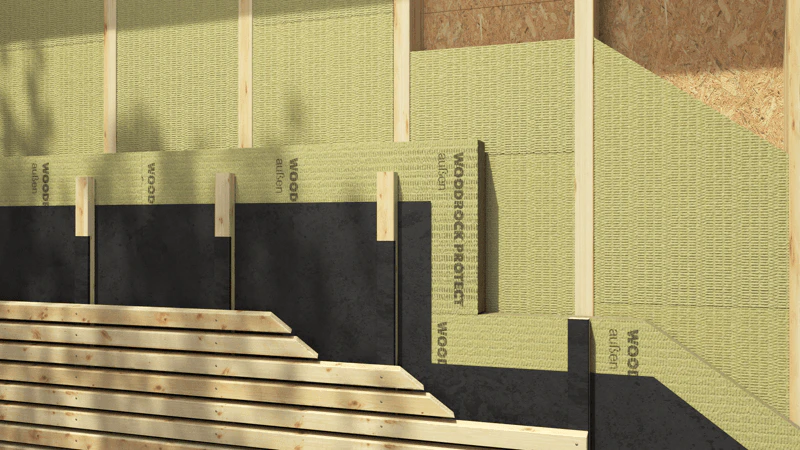 Abbildung eines Wandaufbaus in Holzbauweise mit Flexirock und Dämmplatte Woodrock Protect von ROCKWOOL