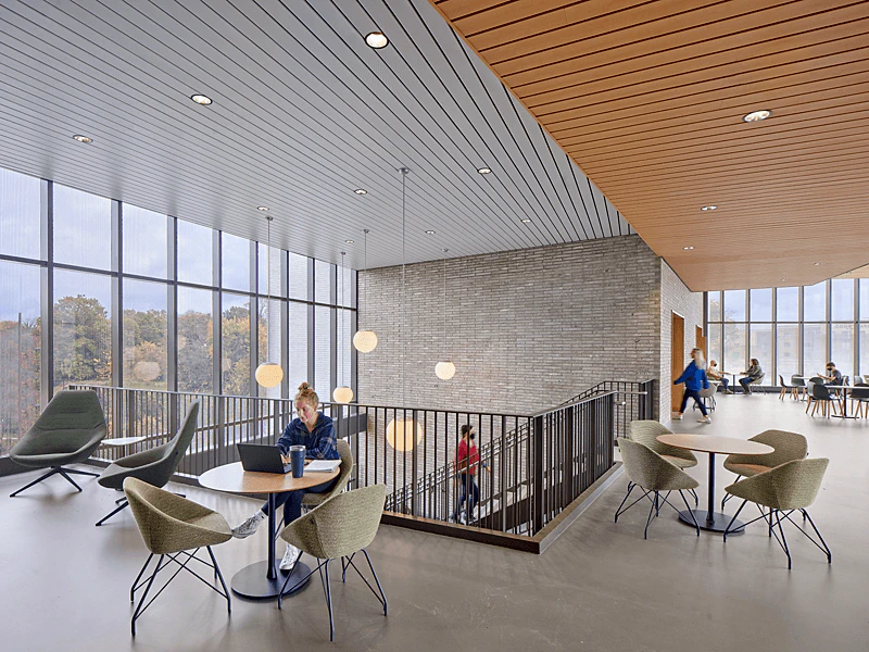 NA, Rowan University, Discovery Hall, KSS Architects LLP, Education, Planar Macro - 6in square edge in White and Metalwood Maple, Specialty Metal Ceilings, Infinity - 4in straight in White and Metalwood Maple, Perimeter Trim