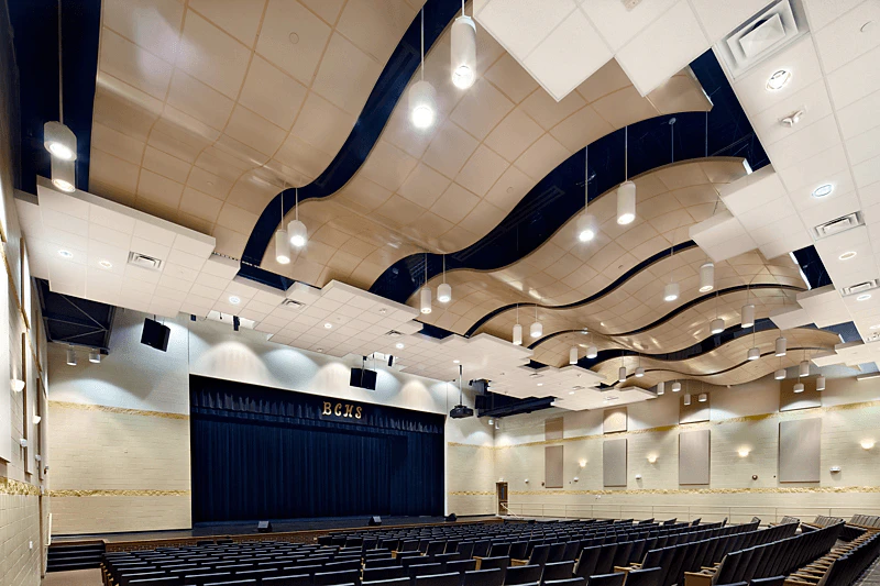 Bradley Central High School Fine Arts Center, KBJM Architects, TRI-CON, CurvGrid, Two-Directional Aluminum Grid Suspension System, Solid Aluminum Panels, 1200 Standard Suspension System, Infinity Perimeter Trim, Education, Pepple Photography - Originally uploaded June 24, 2011 (by deleted user) - PIM