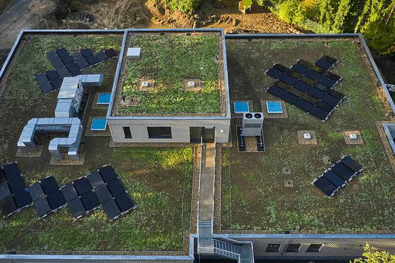 kita hilden, referenz kita hilden, Kindertageseinrichtung Am Holterhöfchen, flachdach pv-anlage, flat roof pv system, belastbares Flachdach, resilient flat roof, nachhaltiger Modulbau, sustainable modular construction, Nutzdach, utility roof, Job 706 Foto Behrendt (Hammes), reference, Referenz, Germany
