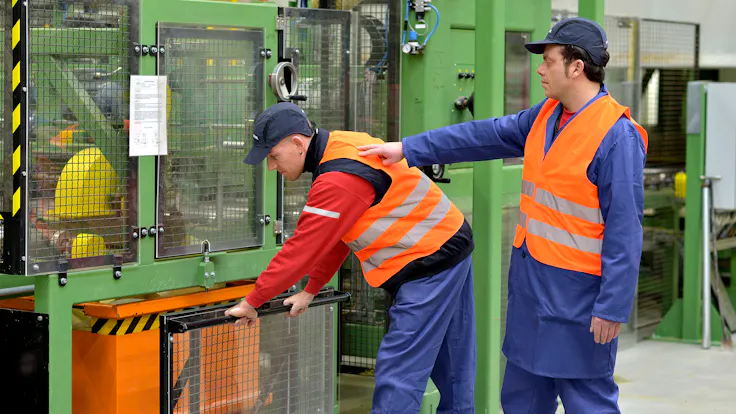 Health & Safety, men, man, orange, vest, industrial, industry, work, together, team, fabric, machine, Germany