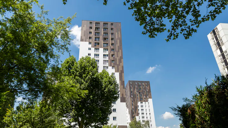 Tours Bièvre in Antony, France cladded with Rockpanel Colours and Woods facade cladding