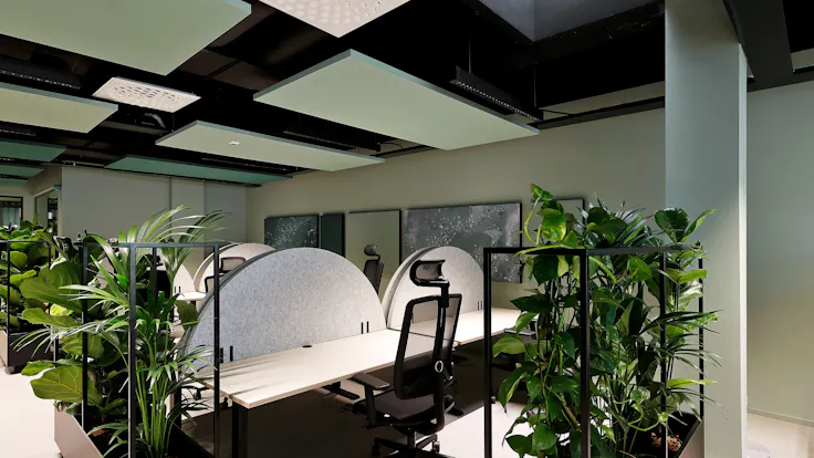 Open Plan Office in Paytrail in Tampere Finland with Rockfon Canva Wall panel A-Edge and Rockfon Eclipse A-Edge