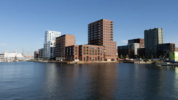 wooncomplex op ndsm, noordbaak, koop- en huurappartementen, ij, owner-occupied and rental apartments, gevel, facade, referentie, reference project, amsterdam, nederland, netherlands, koninklijke jongeneel, rw-bnl, nl