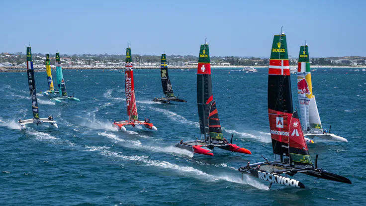 ROCKWOOL Racing SailGP Team helmed by Nicolai Sehested leads the SailGP F50 catamaran fleet, on Race Day 2 of the Oracle Perth Sail Grand Prix presented by KPMG in Perth, Australia. Sunday 18 January 2026. Rolex SailGP Championship Event 1 2026 Season. Photo: James Gourley for SailGP. Handout image supplied by SailGP