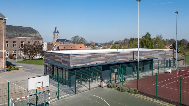 Sale de Sports in Celles, Belgium cladded with Rockpanel Woods facade cladding