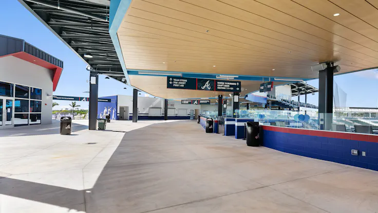 NA, Atlanta Braves CoolToday Park, Planar Plus 4"and Planar Macro 4" in MetalWood Walnut with Acoutex, Exterior Cafeteria, Leisure, Fawley Bryant Architecture