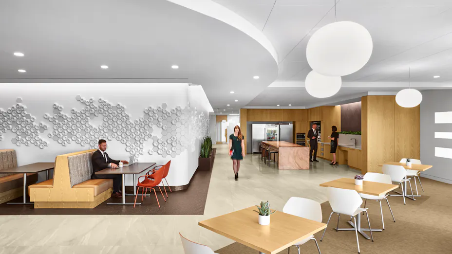 Rockfon Sonar sustainable office ceiling tiles and panels installed in Winstead Law Firm office in JPMorgan Chase Tower.