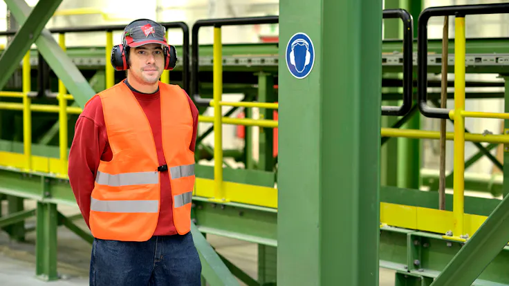 Health & Safety, man, factory, earflap, vest, safe, hear, loud, sound, Germany, work, industrial