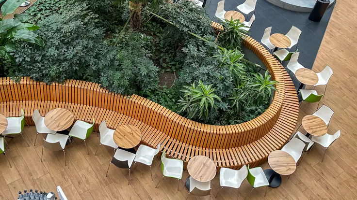 This bright, modern cafe offers ample seating with wooden tables and vibrant indoor greenery.