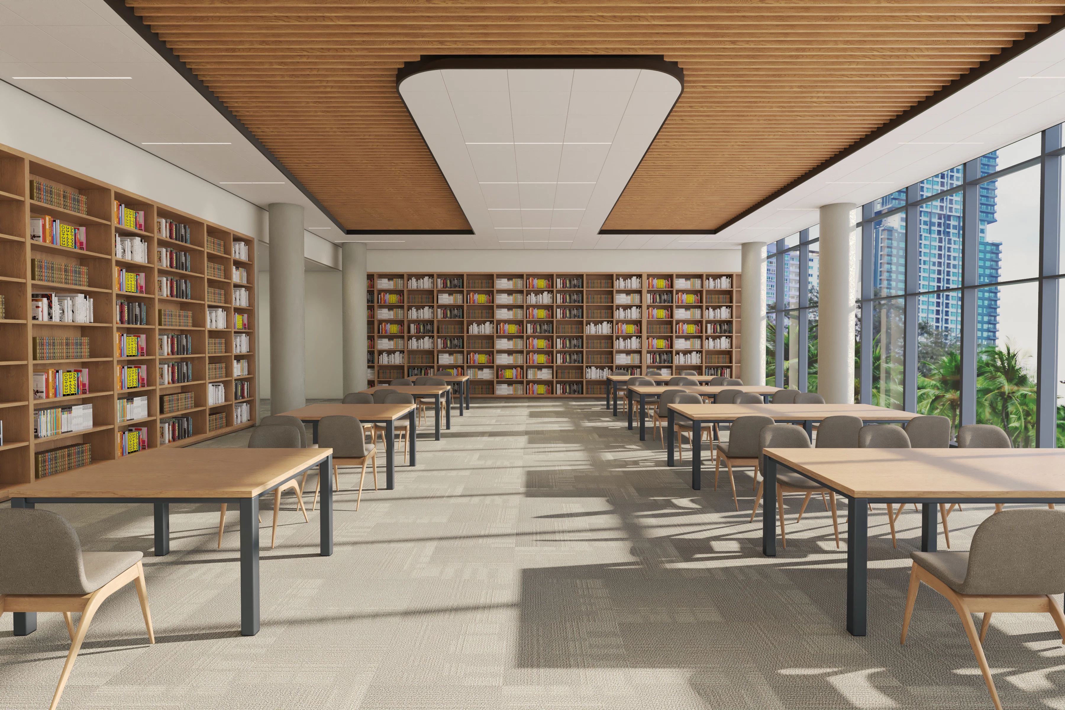 NA; Do not use externally until April 28th, 2025.
Rockfon; metal ceilings; metal beam baffles; Rendering; Rockfon Sequence