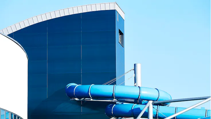 Swimming pool Wodny Park in Tychy, Poland cladded with Rockpanel Chameleon facade cladding