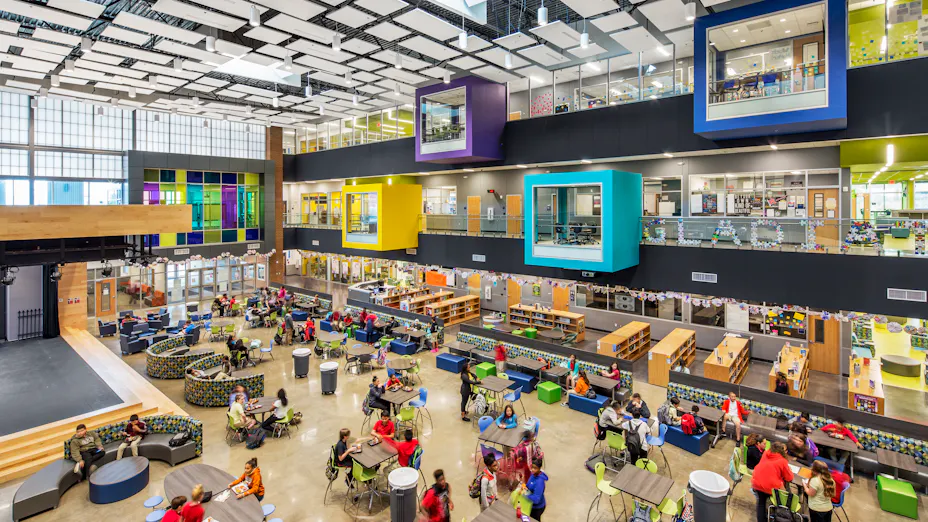Rockfon Island panels assist in optimizing acoustics while revealing a modern aesthetic