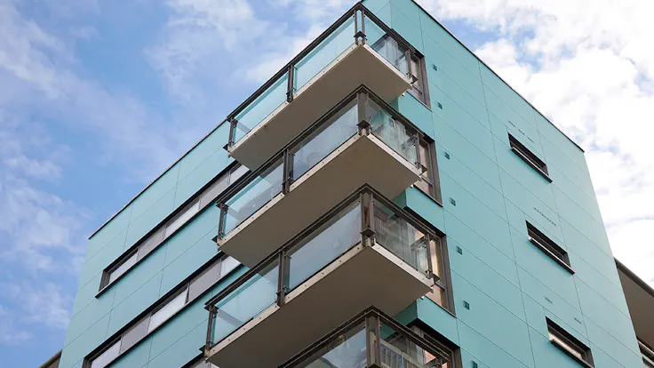Rockpanel Case StudyUK - Prospect and HicksRockpanel A2 Woods customized designRockpanel A2 Colours RAL 6034 (turquoise).