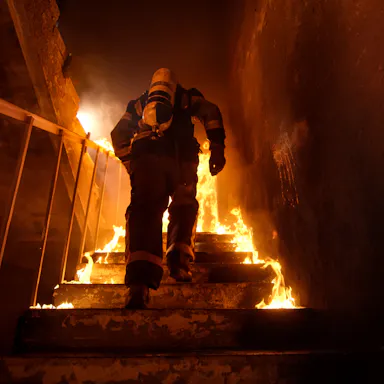 Fireman, Fire, Stairs, Building