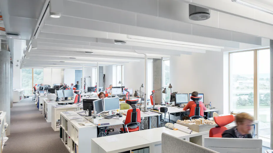Rockfon Multiflex Baffle installed in open office environment.