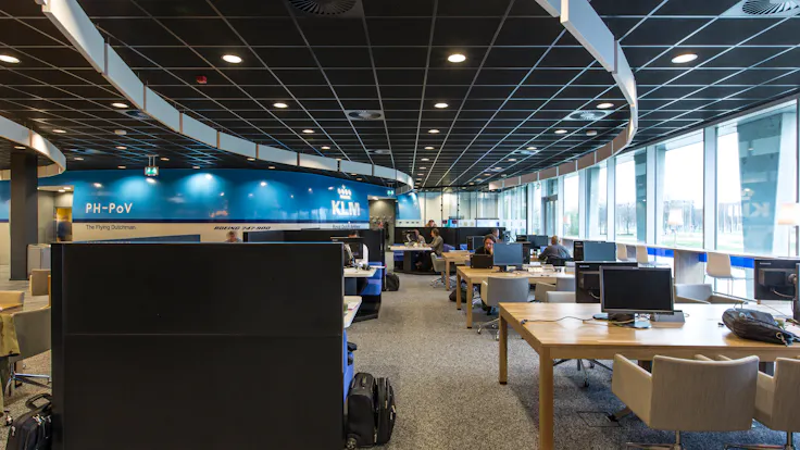 KLM lounge at Schiphol airport, Rockfon Color-all Charcoal, Rockfon Contour, leisure