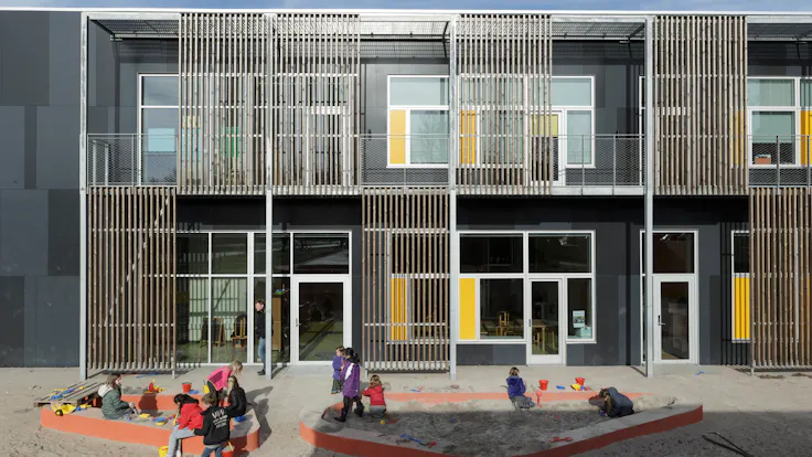 Klostermarksskolen in Roskilde, Denmark cladded with Rockpanel Colours RAL 7016 and RAL 7021 facade cladding