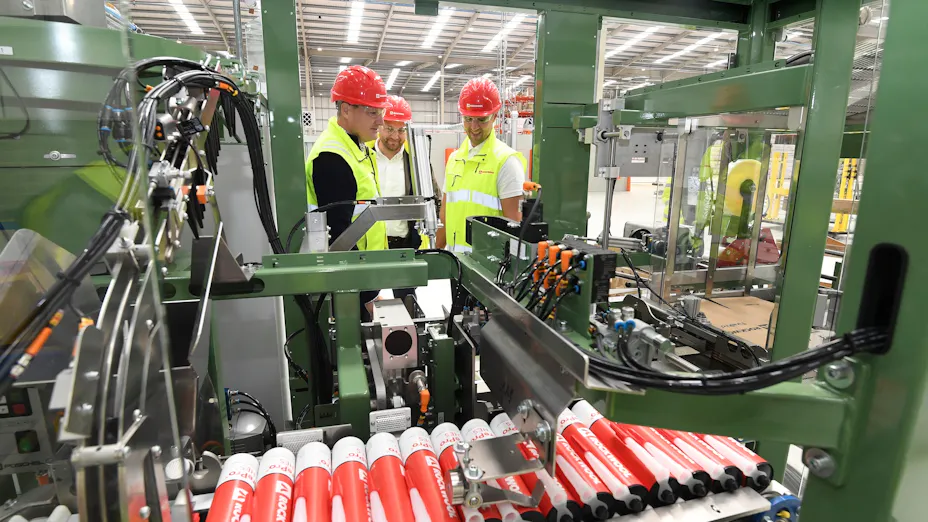 Centre of excellence: ROCKWOOL UK and Ireland Managing Director Nick Wilson (left) is pictured with Product and Technical Solutions Director Ben Peach (centre) and Operations Manager Gareth Leonard inside the new global centre of excellence for fire-stopping at Hams Hall.