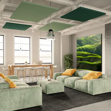 Lounge room with Rockfon Eclipse Colour islands