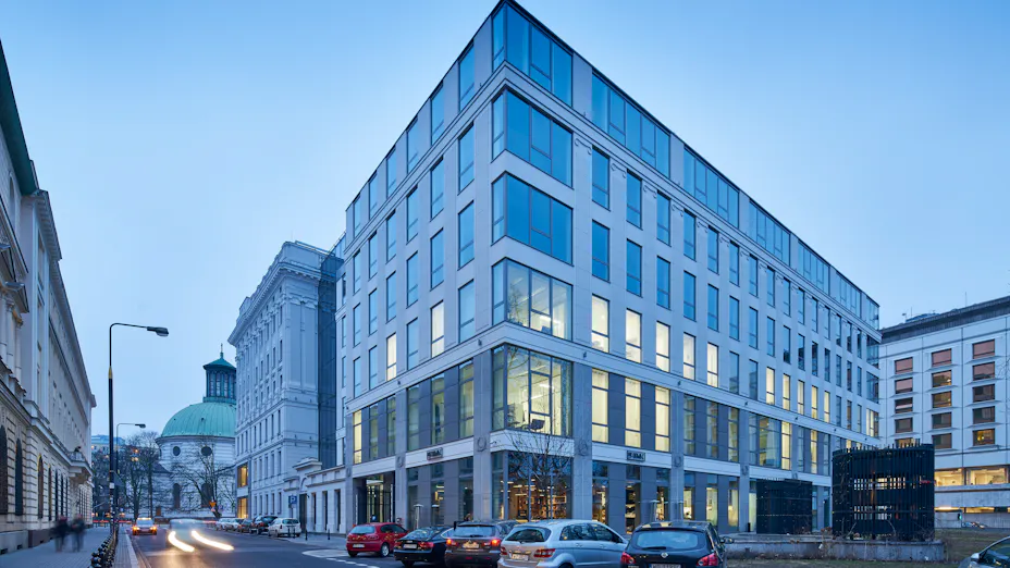 Exterior of modern commercial office building.