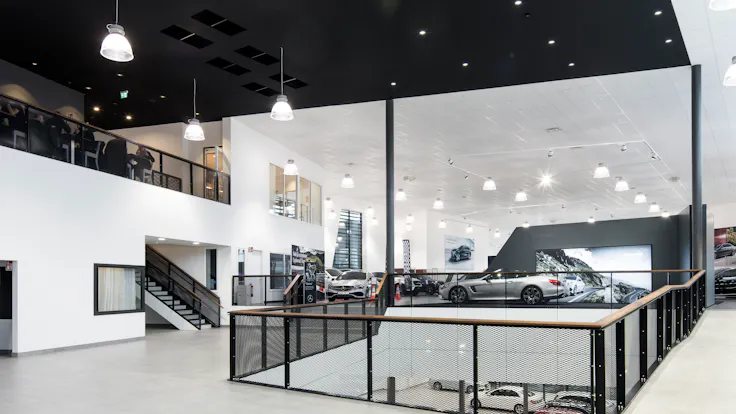 Hedin Bil,Jönköping,Sweden,12.500 m²,Qpg Arkitektur AB, Göteborg,Hedin Göteborg Bil AB,Akustik & Montage AB,Tenhult,Ola Österling,ROCKFON Koral,A24-edge,1200x600x15,white,ROCKFON Color-all,X-edge,charcoal,600x600x22,Chicago Metallic T24 2890