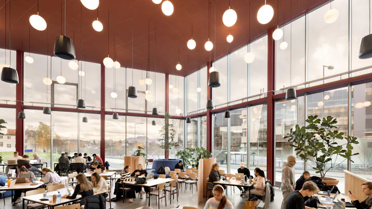 Open Plan Office in Sundebygget campus NTNU Ålesund in Ålesund Norway with Rockfon Color-all A-Edge Scarlet