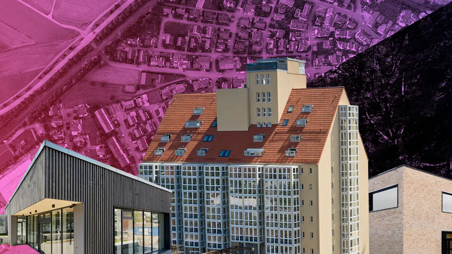 Im Vordergrund die Kölner Lernmensa, das Bottroper Kulturzentrum und die historischen Speicher in Magdeburg, im Hintergrund eine Stadtansicht aus der Vogelperspektive.