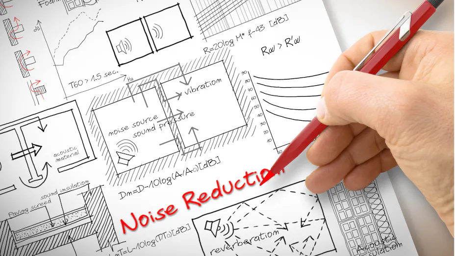 Building schematic with the words noise reduction written in red