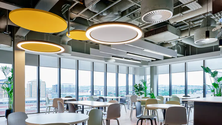 Open Plan Office in Synechron in Belfast Ireland with Rockfon Eclipse Colour