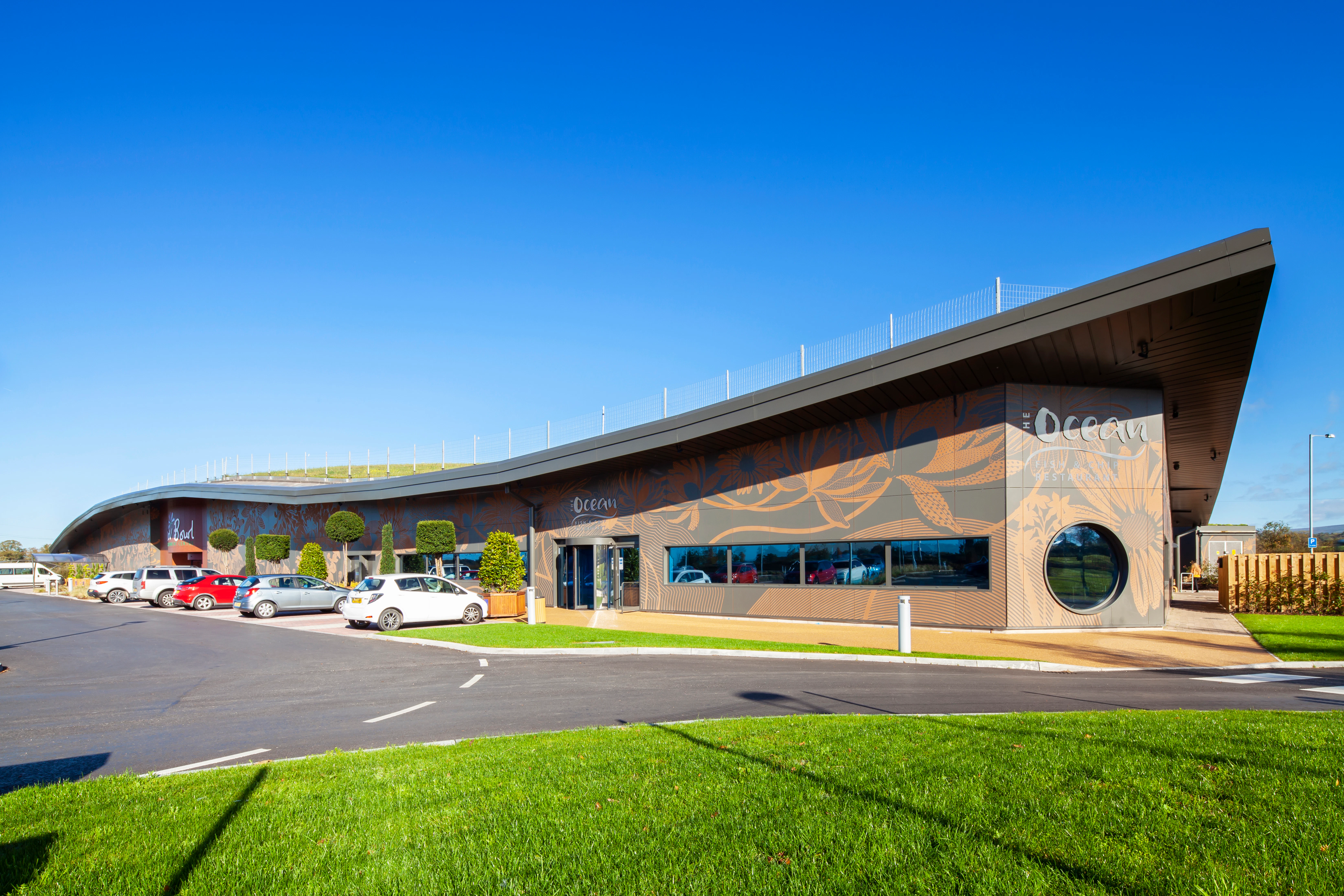 The Flower Bowl Entertainment Centre in Preston, United Kingdom cladded with Rockpanel Colours and Stones facade cladding
