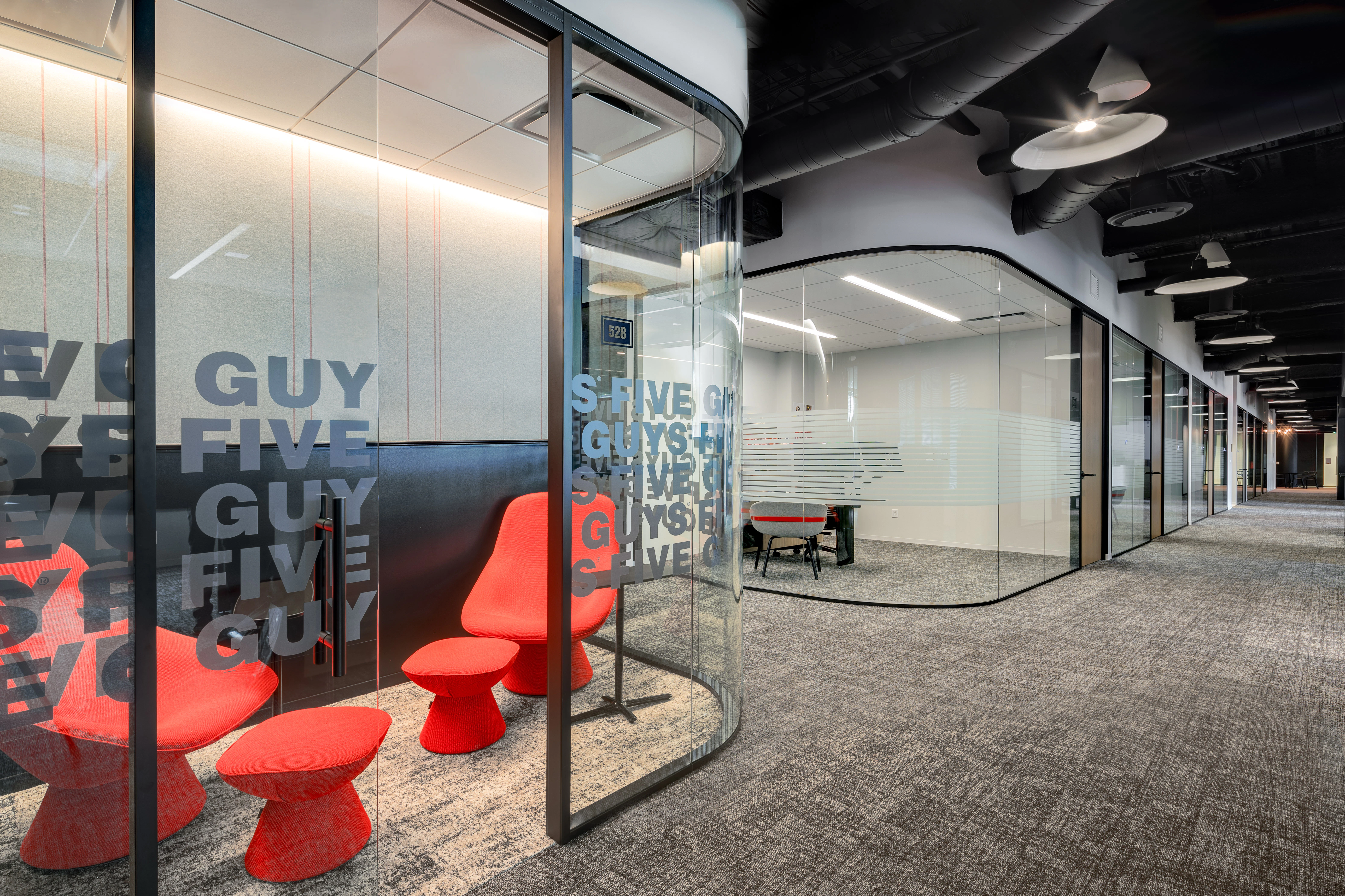 NA, Five Guys International Headquarters, OTJ Architects, Office, Sonar, Stone Wool Ceilings, Chicago Metallic 4000 Tempra, Suspension Systems
