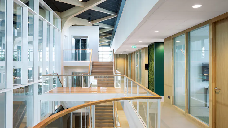 Corridor in Seed Connect Centre Rijk Zwaan in De Lier Netherlands with Rockfon Color-all A-Edge and Rockfon Pallas A-Edge
