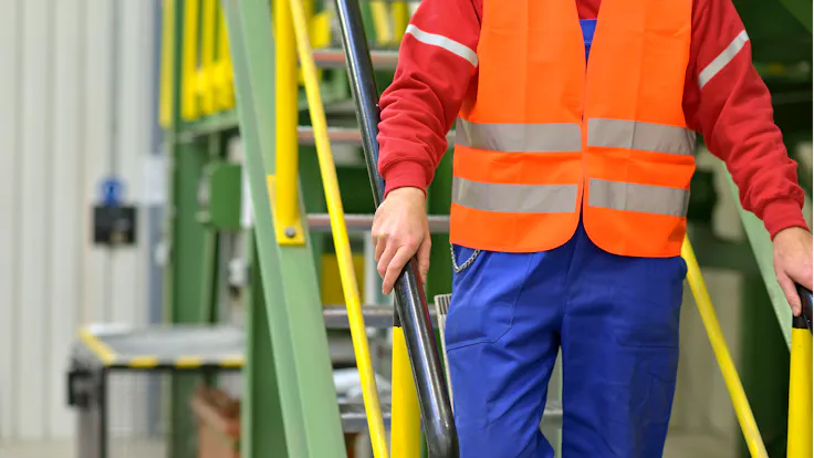 Health & Safety, man, work, fabric, stairs, railing, vest, orange, save, Germany