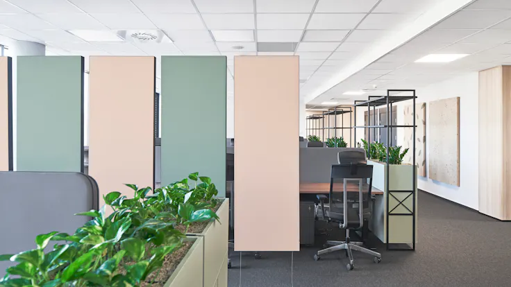 Open Plan Office in Rockwool GBS - biuro w Warszawie in Warszawa Poland with Rockfon Canva Hanging Divider and Rockfon Senses in color Seashell, Sage, Liberty, Moss, Leaves