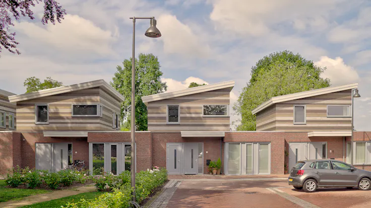 Houses in Wijbosch, Netherlands cladded with Rockpanel Woods facade cladding