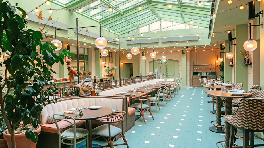 Restaurant with wood and green ceiling