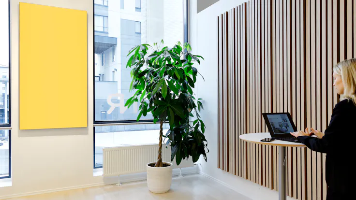 Corridor in INR Iconic Nordic Rooms in Espoo Finland with Rockfon Canva Wall Panel and Rockfon Lamella