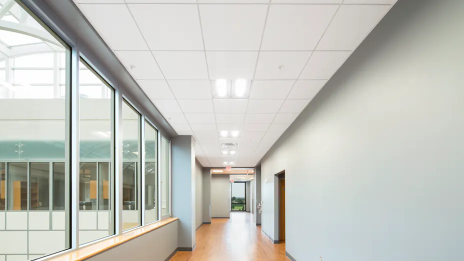 Rockfon Tropic and Chicago Metallic Ultraline 4500 installed in Arkansas State University for seismic DEF requirements.