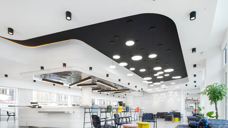 Canteen in New flexible office So Pop in Saint-Ouern-sur-Seine France with Rockfon Mono Acoustic TE-Edge