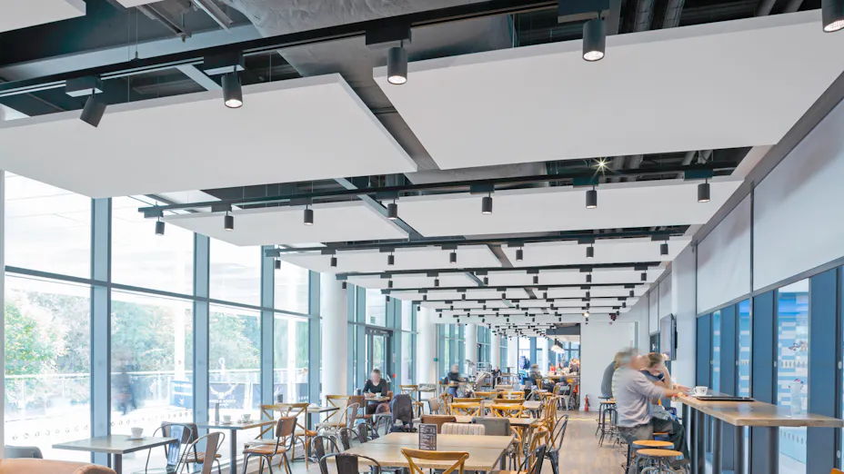 Floating raft ceiling example at Walworth Academy London